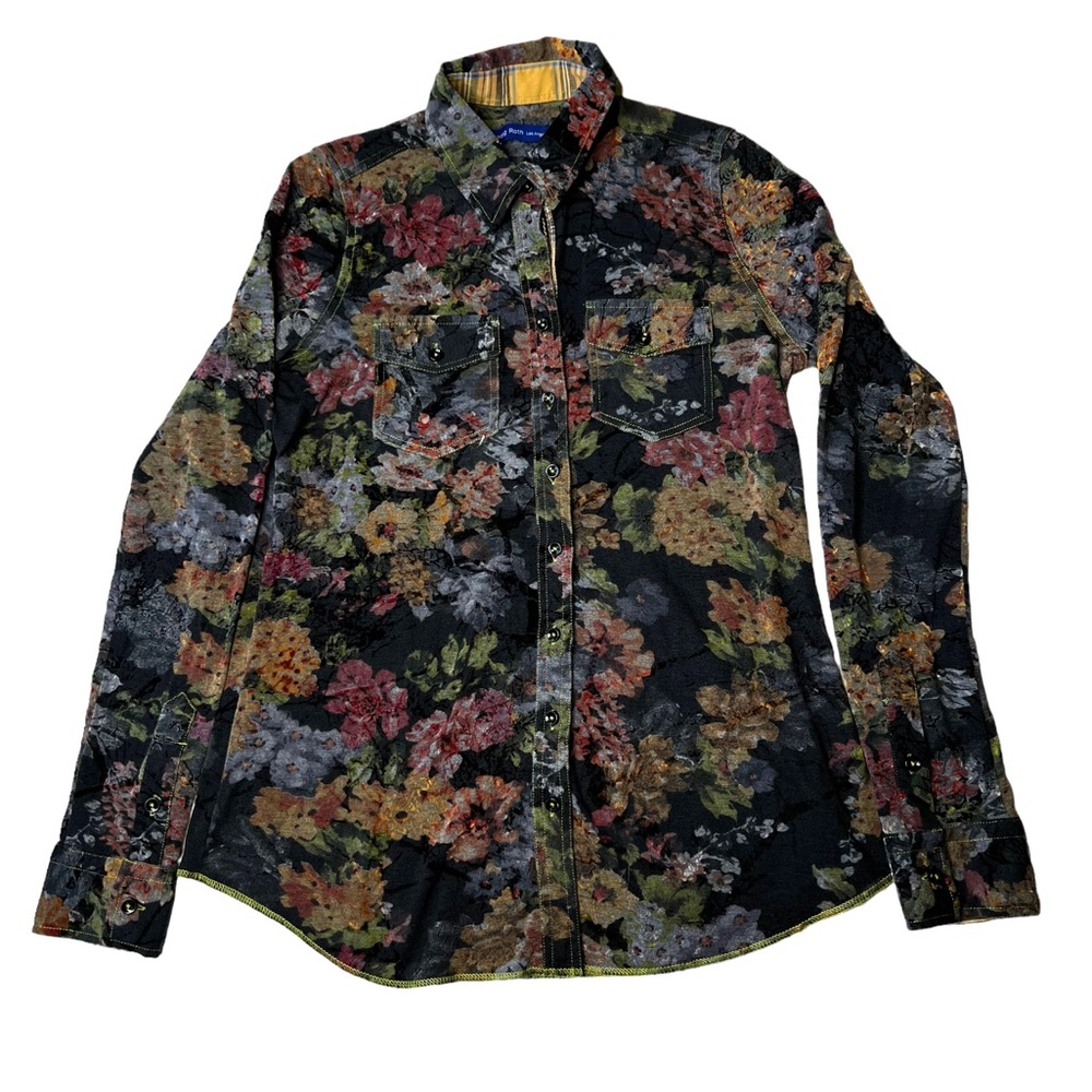 Georg Roth Size XS Womens Blouse Floral Flowers Print Button Up Flip Cuff Black